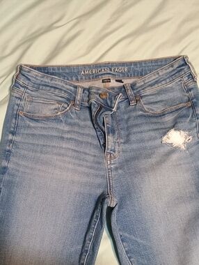 American Eagle Outfitters Light Blue High-Rise Flared Ankle Jeans with Distress